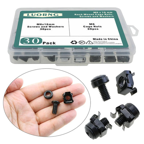Heavy Duty Rack Mount Snap On Nut Screws With Washers 30 Piece Set For Server Racks shown in hand with wash and cage nuts.