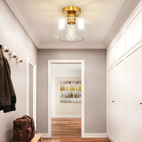 Industrial Semi Flush Mount Ceiling Light With Clear Seeded Glass Shade 3 Light Pendant Fixture For Hallway Kitchen Entryway Bedroom Dope Vintage Vibe 9.64 Inch Close To Ceiling Lamp installed in hallway