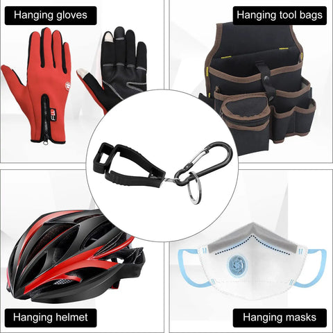 Collage shows glove, helmet, mask, and tool bag with 16 Pieces Glove Clips For Work, Handy Glove Holder Clips For Construction Gear.