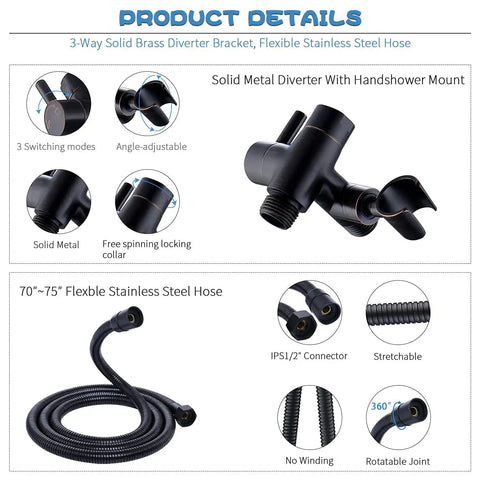 Solid metal diverter with handshower mount, shown with flexible stainless steel hose; components of All In One Shower Faucet Set.