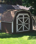 Outdoor shed featuring 2 Pack 8 Inch T Strap Shed Door Hinges Black Tee Hinge Wrought Iron Gate Hinges on barn-style doors.