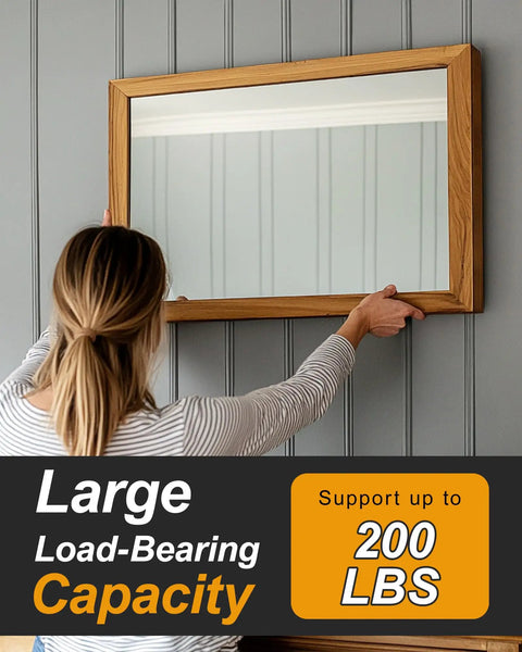 Person hanging large mirror using Beefy Heavy Duty 30 Inch Aluminum French Cleat Set 2 Pairs Interlocking Z Clips Bar Hangers