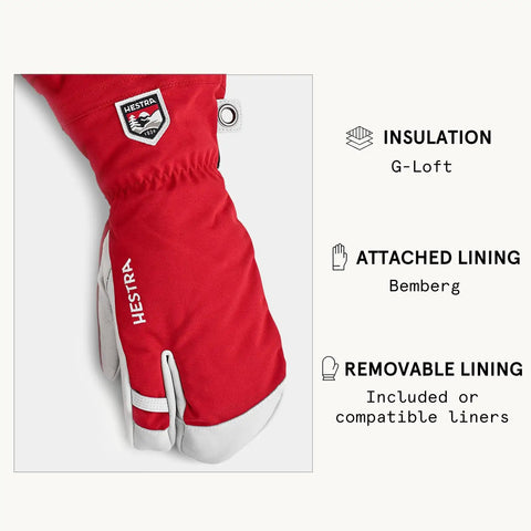 Army Leather Heli Ski Glove For Freeride Skiing And Mountaineering, red 3 finger mitt, Size 7, with Hestra logo, windproof Triton