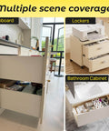 Bottom Mount Soft Close Drawer Slides With Full Extension Concealed Rails, 12 15 18 21 24 Inch Options in various cabinets.