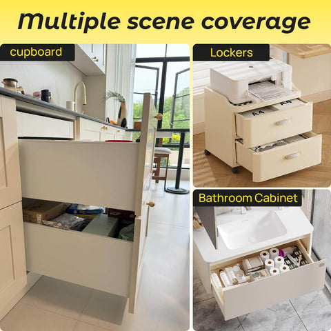 Bottom Mount Soft Close Drawer Slides With Full Extension Concealed Rails, 12 15 18 21 24 Inch Options in various cabinets.