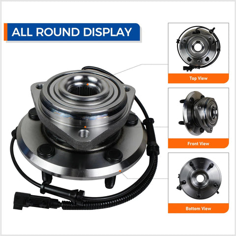 Beefed Up Front Wheel Hub And Bearing Assembly For Jeep Wrangler 2007 2010 With ABS 5 Lug Replacement shown in multiple views