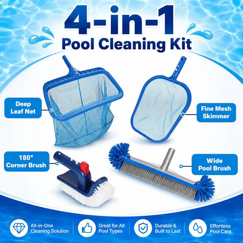 4 Piece All In One Pool Cleaning Kit With Heavy Duty Leaf Skimmer Net Deep Bag Skimmer Rotatable 90 Degree Scrub Brush And Wall Scrub Brush For Above Ground And Inground Pools Pole Not Included