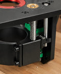 Close-up of Rock Solid Router Table Insert Lift Plate, showcasing heavy-duty aluminum and dial height control mechanism.