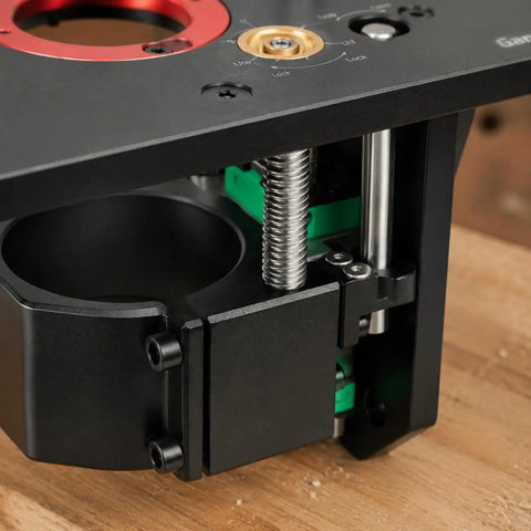 Top Shelf Aluminum Router Table Insert Plate With No Sweat Height Lift System For Rock Solid Stability And Silky Smooth Trim Routing For Any Weekend Warrior Or Pro Craftsman close-up of height adjuster mechanism.