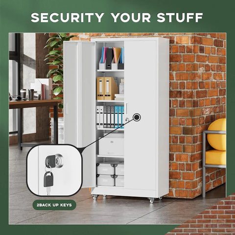 73 Inch Rolling Metal Storage Cabinet With Locking Doors And Adjustable Shelves Built Tough On Wheels For Home Garage Shop Or Workshop Rust Resistant White Finish Heavy Duty Steel With Large Capacity 32 Inch Wide 16 Inch Deep, open white cabinet with keys