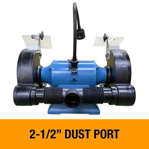 Eight Inch Industrial Bench Grinder 3600 Rpm 1 Horsepower Dual Voltage Shop Dog with 2-1/2 inch dust port and cast frame.