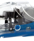 Close-up of black and blue dry top snorkel with instant float closure and anti-splash design for easy clearing and comfort in water.