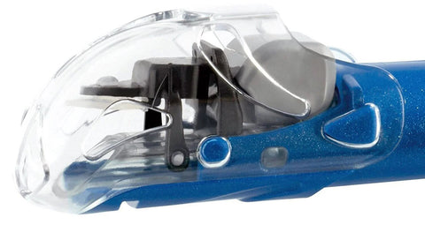 Close-up of black and blue dry top snorkel with instant float closure and anti-splash design for easy clearing and comfort in water.