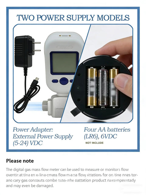 Power adapter and battery options for Portable Gas Mass Flow Meter Tester With Pro Grade Precision For Air Nitrogen And Oxygen MF5712