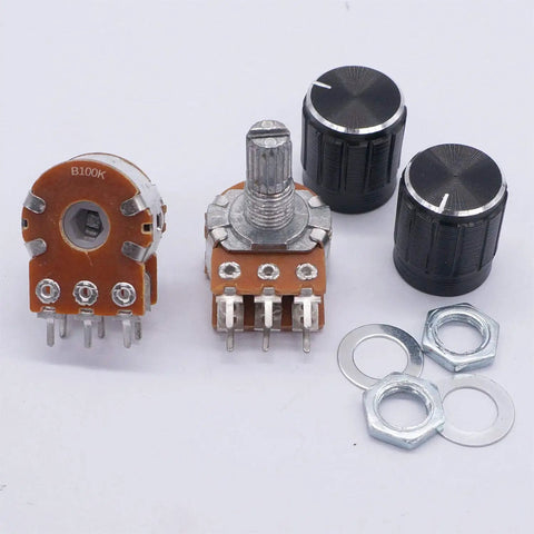 Five Piece 100K Ohm Rotary Potentiometer Kit With 6 Pin Layout for audio volume control, includes knobs and mounting nuts, DIY amp use.