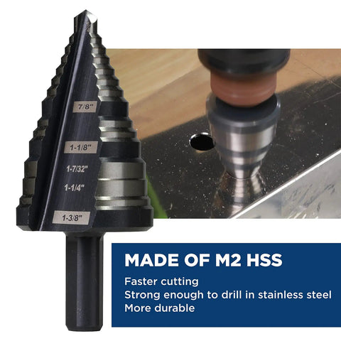 Pro Grade Heavy Duty M2 HSS Step Drill Bit Set For Metal Plastic Wood Aluminum From One Quarter Inch To One And Three Eighths Inch with multi-sized steps shown in use on metal.