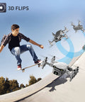 Compact Drone With 1080P HD Camera for Kid and Adult Friendly Live Video RC Quadcopter performing 3D flips near skateboarder.