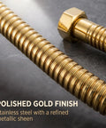 Heavy Hitter Gold Toilet Hose For Bathroom Fixtures With One Half Inch Angle Valve Connector Drip Free No Sweat Install Premium Stainless Steel Plumbing Supply 19 7 Inches Long close-up of polished gold finish stainless steel hose.