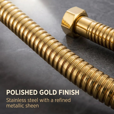 Heavy Hitter Gold Toilet Hose For Bathroom Fixtures With One Half Inch Angle Valve Connector Drip Free No Sweat Install Premium Stainless Steel Plumbing Supply 19 7 Inches Long close-up of polished gold finish stainless steel hose.