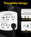 Heavy Duty Six Outlet Wall Tap Adapter With Three Prong Grounded Power Splitter And Soft Led Night Light Cover For Home Office Dorm Rooms, No Fuss Plug N Play Electrical Strip Alternative, showing USB port and sensor light.