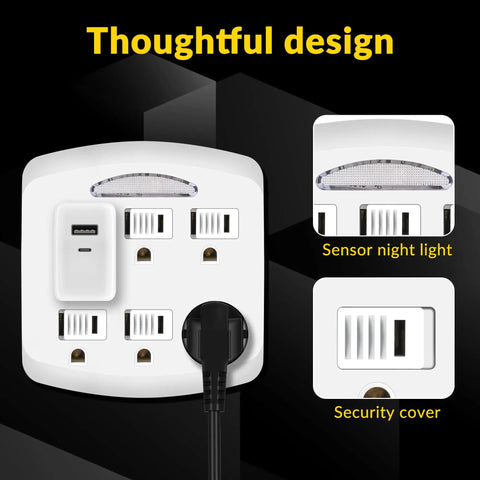 Heavy Duty Six Outlet Wall Tap Adapter With Three Prong Grounded Power Splitter And Soft Led Night Light Cover For Home Office Dorm Rooms, No Fuss Plug N Play Electrical Strip Alternative, showing USB port and sensor light.
