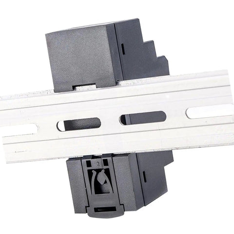Straight Up Reliable 15 Watt 12 Volt Din Rail Switching Power Supply 1.25 Amp mounted on metal DIN rail, close-up view, showcasing connection.