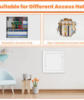 Peel And Stick 12 X 12 Inch Drywall Access Panel Hides Ugly Wall Holes And Messy Plumbing Straight Up Easy Install Smooth Paintable Abs Plastic showing standard and non-standard access holes.