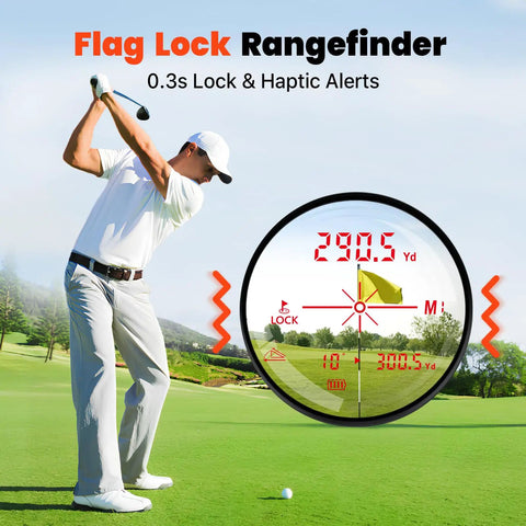 Golfer using Golf Rangefinder With Slope And Red Backlight, 1500-Yard Laser, 0.3s FlagLock Vibration, 7X Magnification.