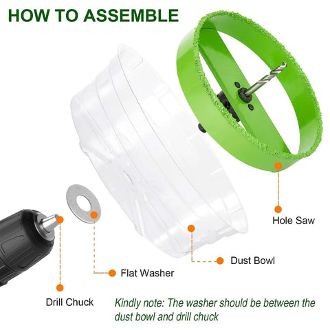 HLOFIZI 6-1/4 inch carbide hole saw kit with green ring for recessed can lights; includes dust bowl and drill chuck.