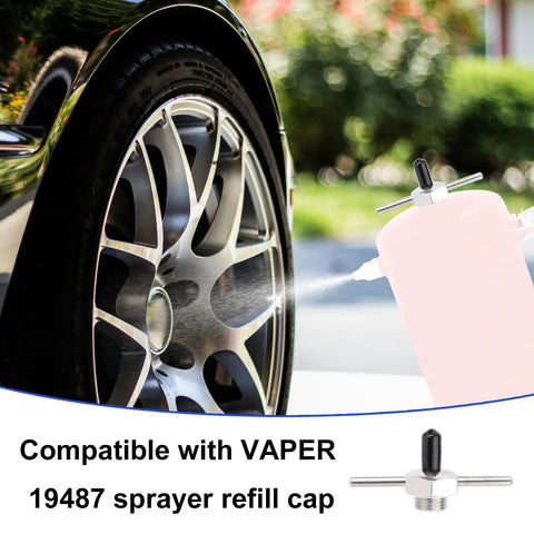 Viper 19487 4 Pack Filling Cap Set with T Bar Handle spraying water on car wheel, titanium steel refill cap for non-aerosol sprayer