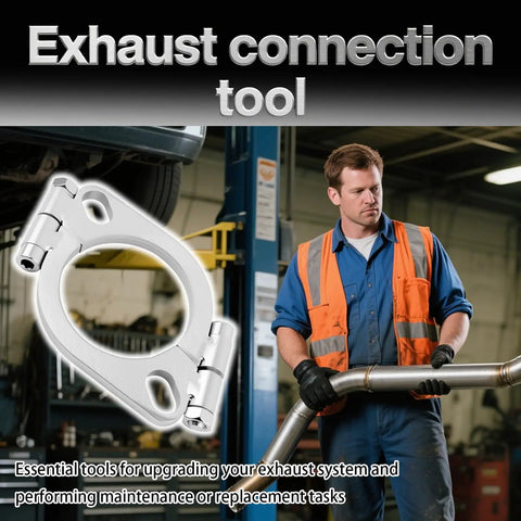 No Sweat 2.5 Inch Split Exhaust Flange Repair Kit With Stainless Nuts And Bolts For Automotive Oval Pipe Leak Seal Heavy Duty Street Ready Undercarriage Hardware used by mechanic with stainless exhaust connection tool.