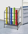 Heavy Duty Three Tier Mobile Paper Rolls Organizer With Slick Metal Frame And Twenty Roomy Slots holding colorful tubes in office space.