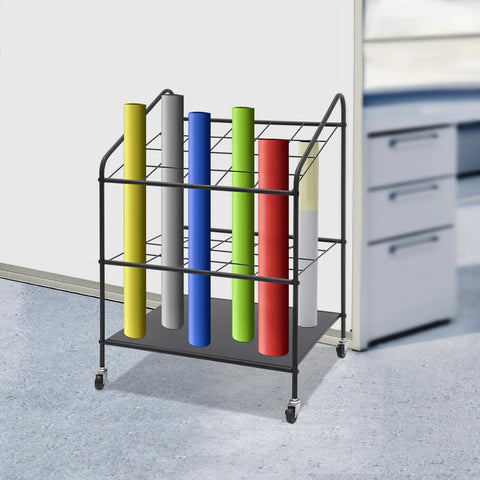 Heavy Duty Three Tier Mobile Paper Rolls Organizer With Slick Metal Frame And Twenty Roomy Slots holding colorful tubes in office space.