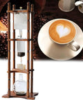 Smooth Chill Vibes All Day Retro Wood And Glass Ice Drip Coffee Maker With 105 Oz Capacity Adjustable Valve showcased with coffee cup.