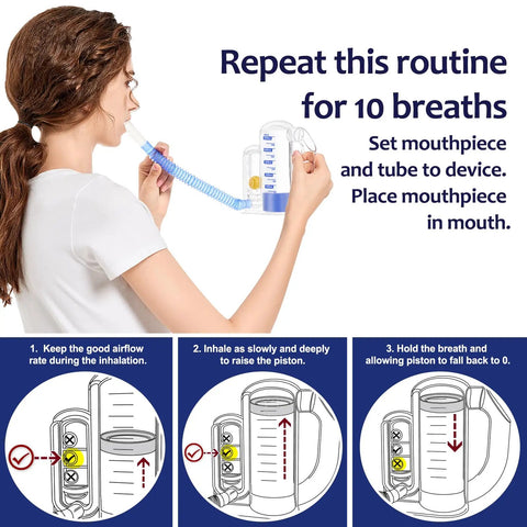 Person using High Capacity 5000ml Lung Breathing Exercise Device With Flow Rate Indicator, Deep Breathing Trainer for at-home breathwork.