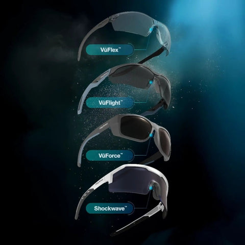 Top Shelf Safety Glasses Featuring Anti Scratch Impact Resistant Wraparound Design With Ansi Z87 Plus High Impact Rating And Crystal Clear Lenses Offering All Day Pressure Free Comfort That Hits Different. Display of four eyewear models: VuFlex, VuFlight, VuForce, Shockwave.