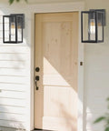 Exterior Wall Lantern Outdoor Sconce For Porch And Patio Lighting, Weather Resistant Black Finish, mounted on white wall