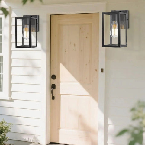Exterior Wall Lantern Outdoor Sconce For Porch And Patio Lighting, Weather Resistant Black Finish, mounted on white wall