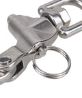 Close-up of Heavy Duty 304 Stainless Steel Snap Shackle With Small Swivel Bail For Marine And Boat Rigs.