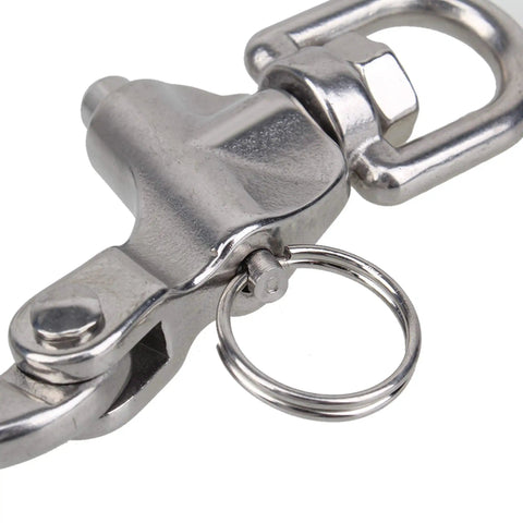 Close-up of Heavy Duty 304 Stainless Steel Snap Shackle With Small Swivel Bail For Marine And Boat Rigs.