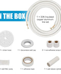 Go To 33 Foot Insulated Copper Aluminum Line Set For Ductless Mini Split Air Conditioning And Heat Pump Systems, 1/4 Inch And 3/8 Inch Fittings, Universal Size, Compatible With Most 9000 Btu Units shown with accessories including drain hose and wall cap