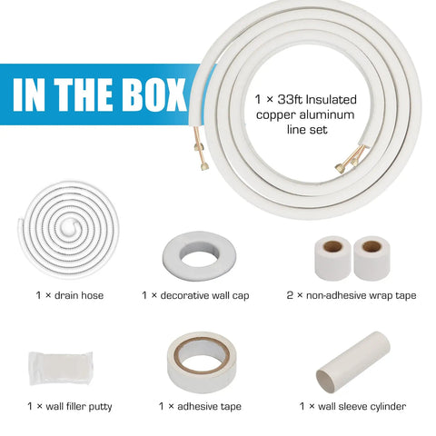 Go To 33 Foot Insulated Copper Aluminum Line Set For Ductless Mini Split Air Conditioning And Heat Pump Systems, 1/4 Inch And 3/8 Inch Fittings, Universal Size, Compatible With Most 9000 Btu Units shown with accessories including drain hose and wall cap