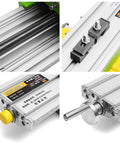 Precision Aluminum Alloy Work Table With Zero Hassle Dovetail Slides For Bench Drill components and detail featuring slides and knobs.