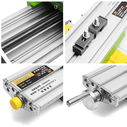 Precision Aluminum Alloy Work Table With Zero Hassle Dovetail Slides For Bench Drill components and detail featuring slides and knobs.