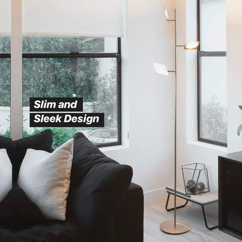 Tree Floor Lamp With Dimmable LED Spotlight, Adjustable Panels, in a modern living room setting with sleek design silver standing lamp