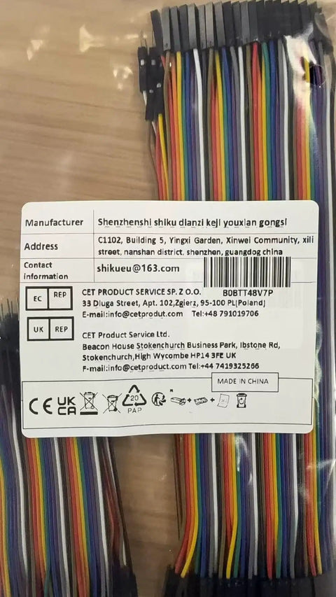 Pack of 10cm and 20cm breadboard jumper wires kit, 240 pcs, 40 pin ribbon cables with label detailing specs and manufacturer.