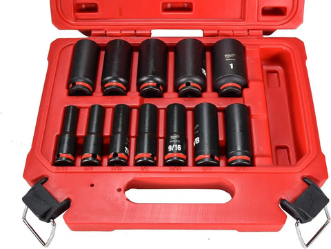 Heavy Duty Three Eighths Inch Drive Socket Set, Twelve Piece SAE Deep Six Point Impact Sockets, DP Series Built For Tough Auto Jobs, Durable Red Finish, Sturdy Case For Easy Storage