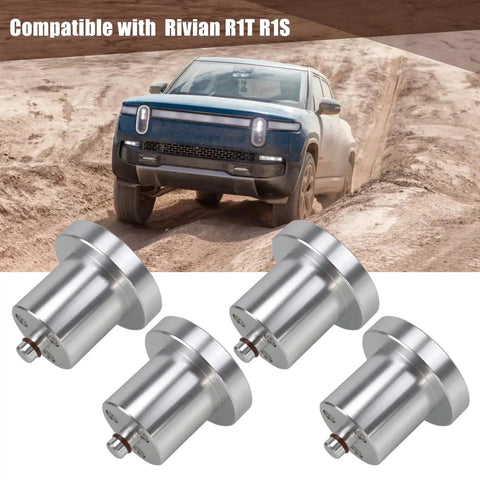 Super Sick Magnetic Jack Pads For Rivian R1T And R1S Four Piece Lift Station with shiny aluminum lift point discs.