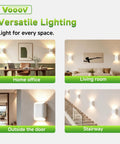 VOOOV 7.9 Inch White LED Wall Sconce Includes 5CCT Dimmable Lighting in home office, living room, outside door, and stairway.