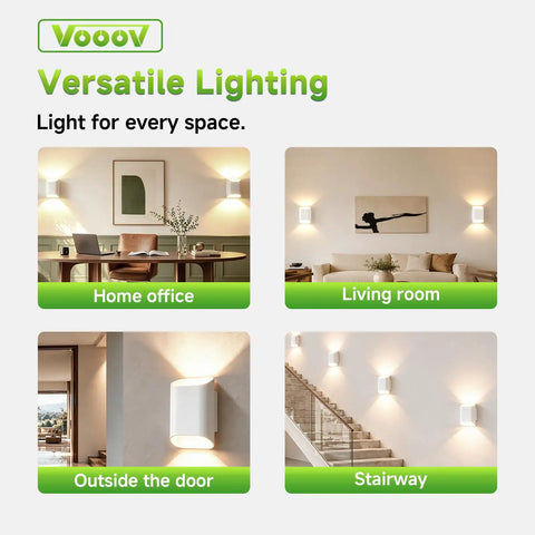 VOOOV 7.9 Inch White LED Wall Sconce Includes 5CCT Dimmable Lighting in home office, living room, outside door, and stairway.